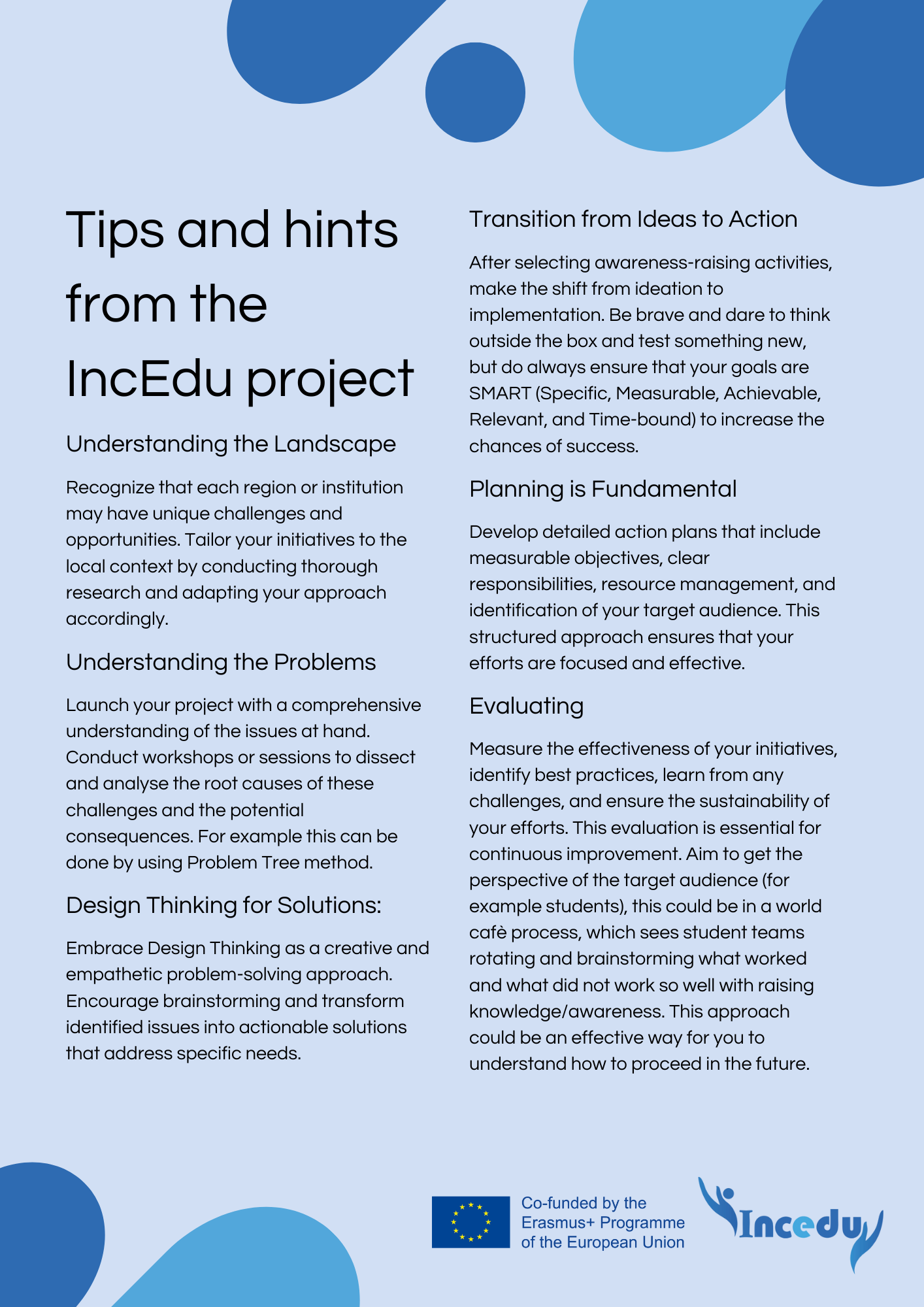 Tips and hints from the IncEdu project